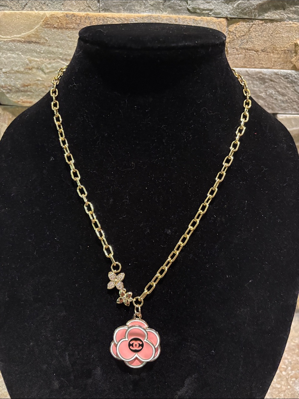 Gold Chain Necklace with Pinkish Coral CC Camellia Pendant and Crystal Accent